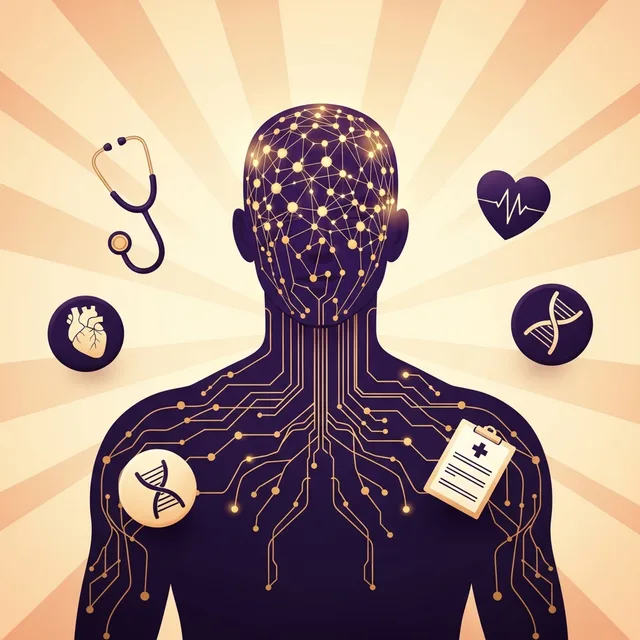 AI in Healthcare — neural network figure with medical icons