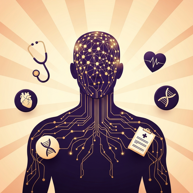 AI in Healthcare — neural network figure with medical icons